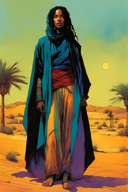 create an imaginative full body illustration of a Tuareg female, in traditional dress, with finely detailed facial features, short dreadlock hair, in a lush Saharan oasis, in the comic book art style of Bill Sienkiewicz, Mike Mignola, and Jean Giraud Moebius, finely textured, drawn, colored, and inked