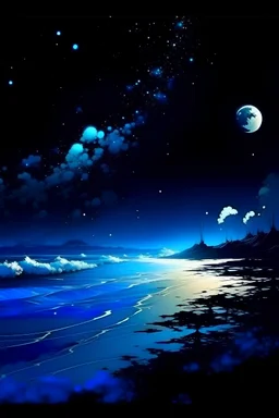 an abstract painting,retro , NFT, HD, chinese brush painting, blacklight, baddie, beach sky background at night, moonlight, clean sky with only one star, akihiko yoshida,inspired by benoit mandelbrot and brian kesinger, design by cai guo qiang