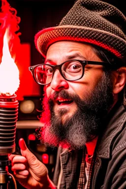 Man firestarter with a microphone in hand, wearing glasses, hat, beard, hard rock man and metal radio host sleeping in the background