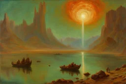 lake, sci-fi, mountains, galactic cosmic influence, friedrich eckenfelder and hans am ende impressionism paintings