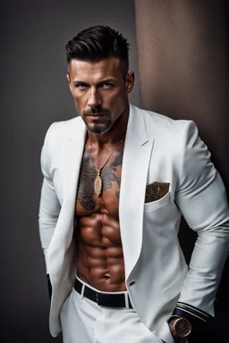 portrait of a 40 year old Handsome muscular male leader with lightly tanned skin and tattoos. Dark hair cut short and a goatee beard. wearing a white suit. photorealistic