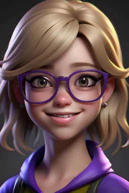 video game character girl with ash blond hair brown eyes and purple round glasses smiling