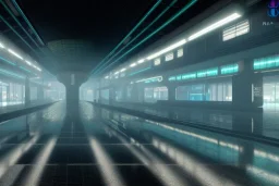 equirectangular projection grid of a futuristic bladerunner cyberpunk trainstation in the rain at night, volumetric lighting 4k spherical panorama realityengine photorender hyperdetailed cinematic