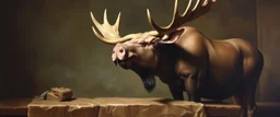 master oil painting by Rembrandt, pig moose body builder