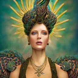 portrait of woman queen of peacocks, stunning, beautiful, gorgeous, realistic, photo illustrative, ornate, 8K resolution, high-quality, fine-detail, digital art, detailed matte, brian froud, howard lyon, selina french, anna dittmann, annie stokes, lisa parker, greg rutowski,