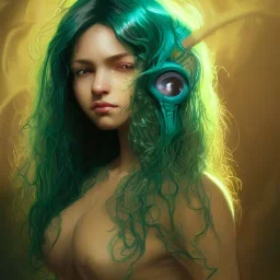 alien girl, cute, beautiful, long hair, curly hair, black hair, slim body, brown eyes, big eyes, green skin, turquoise dress, head and shoulders portrait, fantasy, 8k resolution concept art portrait by Greg Rutkowski, Artgerm, WLOP, Alphonse Mucha dynamic lighting hyperdetailed intricately detailed