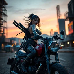 In a post-apocalyptic desert city at twilight, sexy asian cyborg female samurai warrior with hair flowing free, without a helmet, katanas strapped to her back, is riding a road warrior style chopper, photorealistic, award winning photography, cinematic lighting