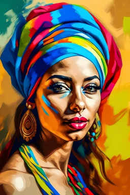 Portrait of Arabic woman in colourful turban on the desert painted in picasso style