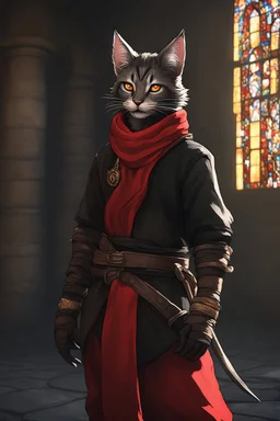 Realistic Medieval young Tabaxi male, traditional monk clothes with messy spiky hair, wearing a bright red scarf, the background is a Monastery. Tabaxi fur is dark black. with dark amber eyes. Art style from Final fantasy 14