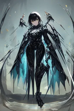 Anime girl with short black hair and sharp green eyes, holding a pike, full body black and white metal plate armour, full body shot, Dramatic lighting,1woman, soaked in blood, standing pose, close shot, lean body,