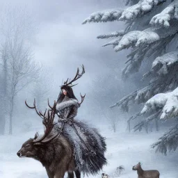 A queen warrior winter woman with winter animals, winter deers, winter bears, winter birds in the cold fantasy world , 8k resolution, ice winter fantasy concept art, by Greg Rutkowski, dynamic lighting, hyperdetailed, intricately detailed, deep, flying winter birds