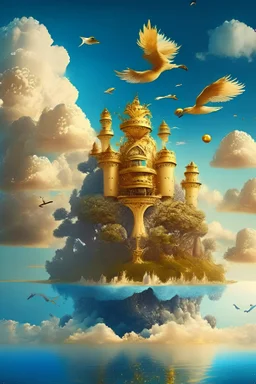 A golden castle in the middle of the sea surounded with the trees and big fruits , the clouds above and beautiful sky and birds ,The sea is fantastic...like paradise