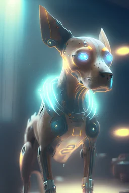 Cyborg alien dog,high-key cut unreal engine, volumetric, warm indoor lighting, detailed, digital painting, cinematic, character design
