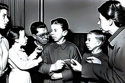 a photo of child-like Simone de Beauvoir and child-like Jean-Paul Sartre meeting child-like Che Guevara who is lighting a cigar for child-like Jean-Paul Sartre