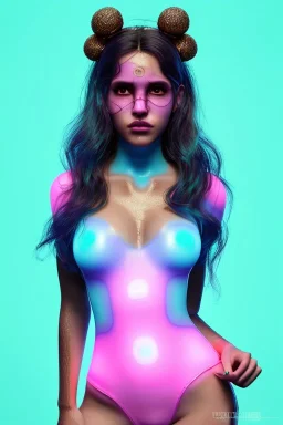 Ultra Realistic image, Rosalía artist, portrait, normal complexion, waist up portrait, two monkeys hair ,black eye long line, sweet face, t-shirt with holes, inflatable open coat, gold pink and blue style, spray glow make up, big geometric led jewelry, fog, hot, inflatable style latex coat, vibrant color, highly detailed, art stations, concept art, smooth, unreal engine 5, god rays, ray tracing, RTX, lumen lighting, ultra detail, volumetric lighting, 3d, finely drawn, high definition.