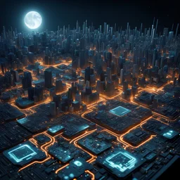 futuristic photo realistic Landscape of city made of circuit board computer chips, night time , realistic high detail, stary night