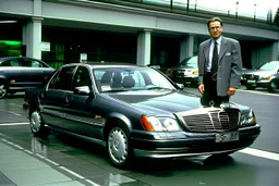 Foto von 1990 typischer Mercedes-Benz-Fahrer steht stolz neben seinem Mercedes