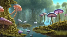 looking out over a lake, in an alien forest, flying mushrooms with jellyfish tenacles formed into gnarled trunks, Roger Dean