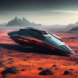 In a stark, alien landscape rendered in bold, flat colors, a colossal spaceship has crash-landed. Its metallic hull, etched with harsh lines and rivets, is stained with streaks_of what could be oil or alien blood. The ground around it is cracked and uneven, hinting at the violence_of the impact. Jagged, jagged mountains rise in the distance, their peaks scraping a sky filled with swirling, alien clouds. There's no sign of life, just an unsettling emptiness that stretches out in all directions. T