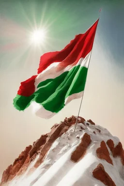 a hungarian flag (red-white-green) on the summit of mount everest by Jean Baptiste Monge in sunshine