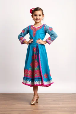 simple background, full body of very pretty little girl in azeri dance costum and with dance shoes
