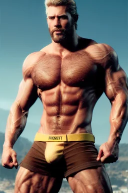 Ignore NSFW, teenager young rugged attractive slightly muscular fantasticly handsome blonde man, red briefs with yellow belt, hairy chest, (((visibly pisssing))) briefs, large erect visible boner peniss, photorealistic, artist Jay Anacleto, soft lighting, scruffy beard