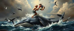 kick boxing match on top of whale, painted by rembrandt violence, aggression, mating, sexual behavior, whales interacting, animals attacking boats, collisions, chaos, distortion, surreal anatomy, multiple animals entangled,