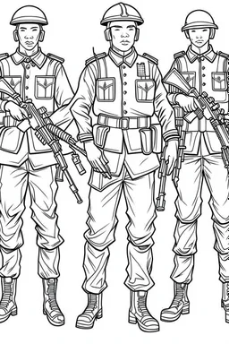 Outline art for coloring page OF A SET OF SMALL UNITED STATES TOY ARMY SOLDIERS, coloring page, white background, Sketch style, only use outline, clean line art, white background, no shadows, no shading, no color, clear