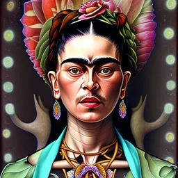 A beautiful portrait of Frida Kahlo by alphonse mucha, japanese tatoos, 4k, high details