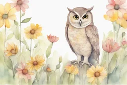 thankful praying owl girl in flowergarden in sunshine, watercolor and ink