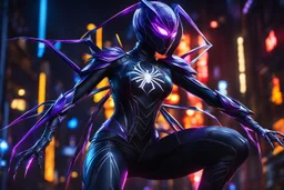 madam web in 8k solo leveling shadow artstyle, spider costum, eyes cover, dynamic pose, oshare kei, hurufiyya, rtx , neon lights, intricate details, highly detailed, high details, detailed portrait, masterpiece,ultra detailed, ultra quality