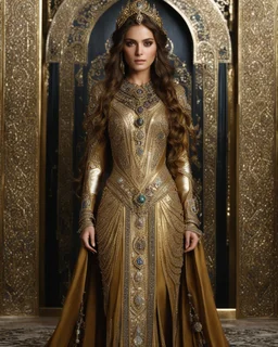 Photography,girl,full body,standing looking front view,brown long hair, long gown dress mechanical,delicate gold ,black morroco caftan and full diamonds colors crystal jewelrys,silver metalic parts, golden parts, intricate armor, detailed part,Movie Still