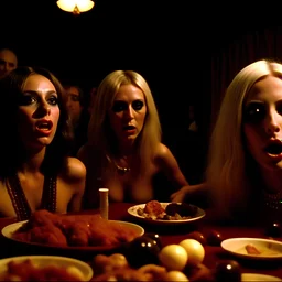 Horror movie shot, spooky, ultra realistic, dine, vomit, ultra realistic hot blonde women, party, pieces of meat, organs, ail dynamic, anguish, very excited people, hypermaximalist figures, light, 1970's Italian horror movie, sinister, John Carpenter, Dario Argento, Stanley Kubrik, ornate, 4k, photorealism