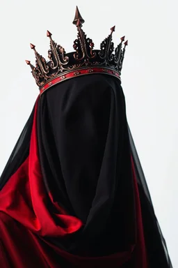 A dark, gothic portrait of a mysterious figure draped in a flowing black veil. The subject wears a red ornate crown adorned with small sharp spikes, giving a celestial yet eerie presence. The background is white solid, enhancing the contrast between the red fabric and the metallic crown. The lighting is dramatic, softly illuminating the veiled face while casting shadows that add to the enigmatic and religiously symbolic atmosphere. The aesthetic is reminiscent of dark baroque or gothic art