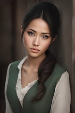 A professional photography of Anisa Riski Amelia a most pretty beautiful Indonesian girl, black hair, ponytail, oval shaped face, gaunt face, brown eyes, big eyes, melancholy eyes, melancholy glance indifferent ignore, thin lips,natural make up,beautiful, pretty, melancholy girl, slim body, dress and vest, hyperrealistic, ultra realistic, octane render,HDR, ultra detailed, perfect body, perfect face,Canon EOS 5D mark IV, best quality photography, real photo, photography, hyperrealistic,