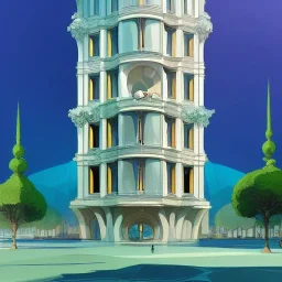 A Vignola classicism Architecture building with futuristic glass building and trees +detailed facades+highly detailed++ Book illustration by Gediminas Pranckevičius, Jean Baptiste Monge, Brian Kesinger, Anton fadeev, strong lines, high contrast vibrant colors, 16k resolution, trending on behance""