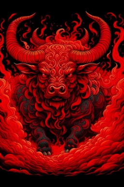 Vintage illustration of a demonic and magical brutal and angry bull made of red flames and fire, savage and obstreperous nature, Tsuguyuki Kubo art, Topcraft, vintage storybook illustration style, ornamental, fantasy folk art, psychedelic theme, inspires by 80s Japanese anime, early Studio Ghibli, fantasy animation