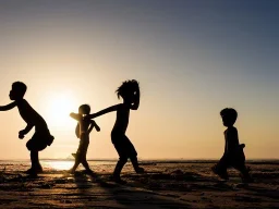 children playing on the Indian beach capture them against the sun and make an art silhouette, hyper details, real sharp, 8k, well detailed