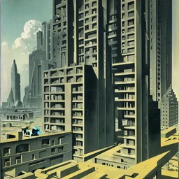 Horrible brutalist flats in the outskirts of an ethereal city, Max Ernst, strong texture, bas-relief