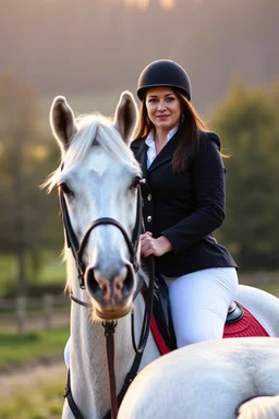 Bust shot of 30-year, bit chubby Scandinavian brunette mansion owner lady with green eyes, wearing equestrian attire with tight white pants and black or blue jacket, riding a white horse in Bavarian countryside in sunrise.