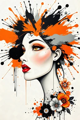 A stylized portrait of a female face in profile, featuring striking orange, black, and gray splashes of paint that radiate from the head, resembling an explosion of color. The subject has large, expressive golden eyes and a smooth complexion, accented by bold red lips. Abstract elements, including splatters and floral motifs, blend seamlessly with the face, creating a dynamic and contemporary artwork against a plain white background.