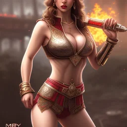 fantasy art, busty latina, big booty, full-body,standing next to car , beautiful-face, short hair, red-silver-fire-pattern outfit, short outfit, tight outfit, scoop-neck, enormous bust, realistic artwork,full body show, posing ,