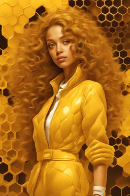 a girl with curly hair, in a yellow suit consisting of honey in honeycombs, many details close-up,hyperdetalization,Greg Rutkowski style