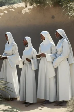 7 suore africane con tunica grigia giornata di sole precipizio fuori città uomo militare bianco giovane, terra rossa