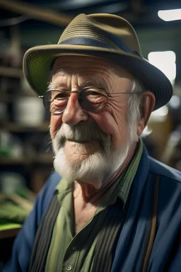 Un retrato de un anciano con un sombrero de pesca y lentes oscuros en un taller mecánico