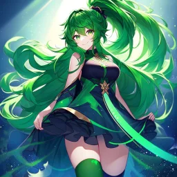 girl, masterpiece, best quality, volumetric lighting, detailed outfit, perfect eyes, long hair, green hair, green eyes, beautiful lighting, vibrant colors, smiling, thigh highs, ponytail, messy hair, dress,