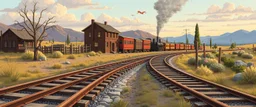 old western railway track, childrens book illustration