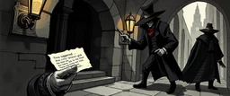 fantasy art, style of Escher , Message from the Guild: A shady figure brushes past a party member, slipping them a note. It's a "suggestion" from the city's thieves' guild to leave a specific job or person alone.