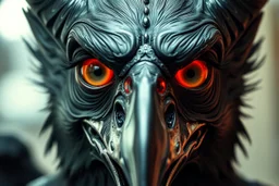 close up portrait of shiny yoga crow devil thief fat vampire semi transparent hypnotic kind eyes in front of mirror