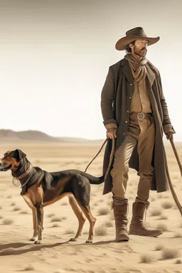 Full body cowboy in a desert with a dog and fancy walking stick